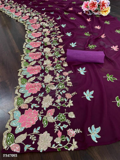 fancy hand embroidery pure Georgette Saree