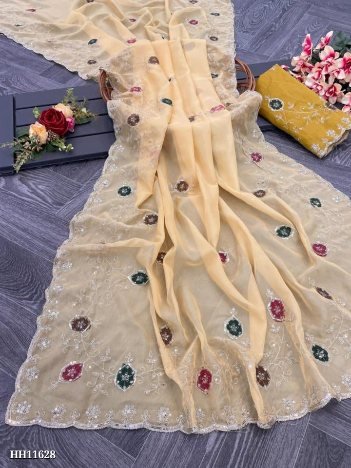 Pure ORGANZA FABRIC AND FULL SAREE C PALU WORK &SEQUENCE JAAL WORK LOOK SO PREETY AND COLOURFUL THREAD SAREE HAVING BEAUTIFUL CUTWORK*