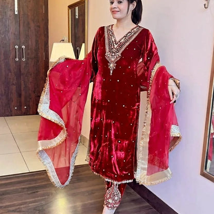 Viskhos velvet suit thread with Sequnce with rivet Moti and Lace broder