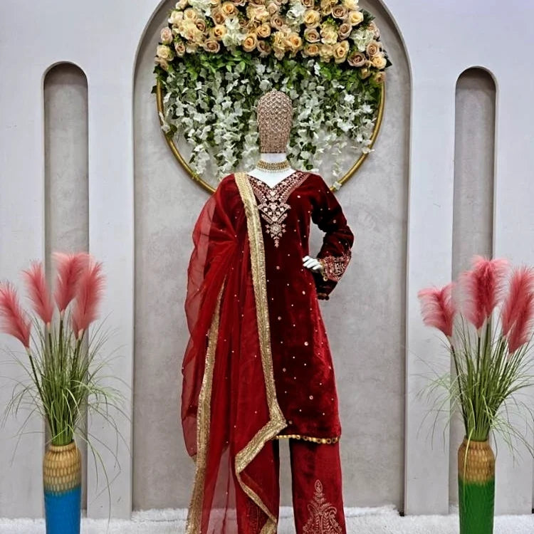 Viskhos velvet suit thread with Sequnce with rivet Moti and Lace broder