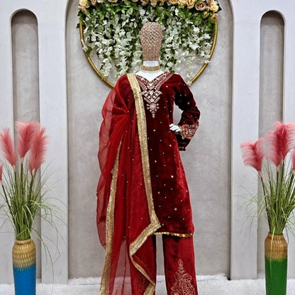 Viskhos velvet suit thread with Sequnce with rivet Moti and Lace broder