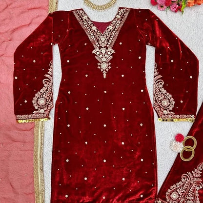 Viskhos velvet suit thread with Sequnce with rivet Moti and Lace broder