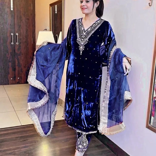 Viskhos velvet suit thread with Sequnce with rivet Moti and Lace broder