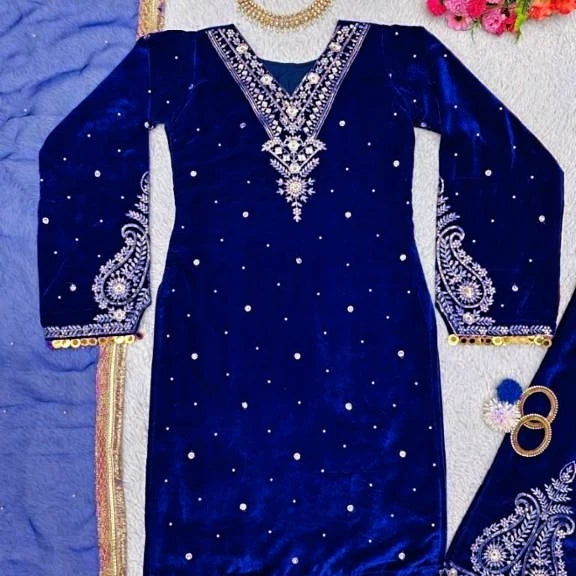 Viskhos velvet suit thread with Sequnce with rivet Moti and Lace broder