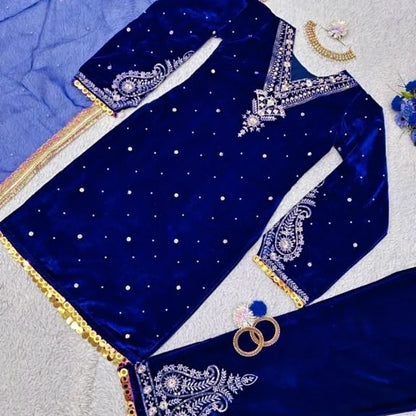 Viskhos velvet suit thread with Sequnce with rivet Moti and Lace broder