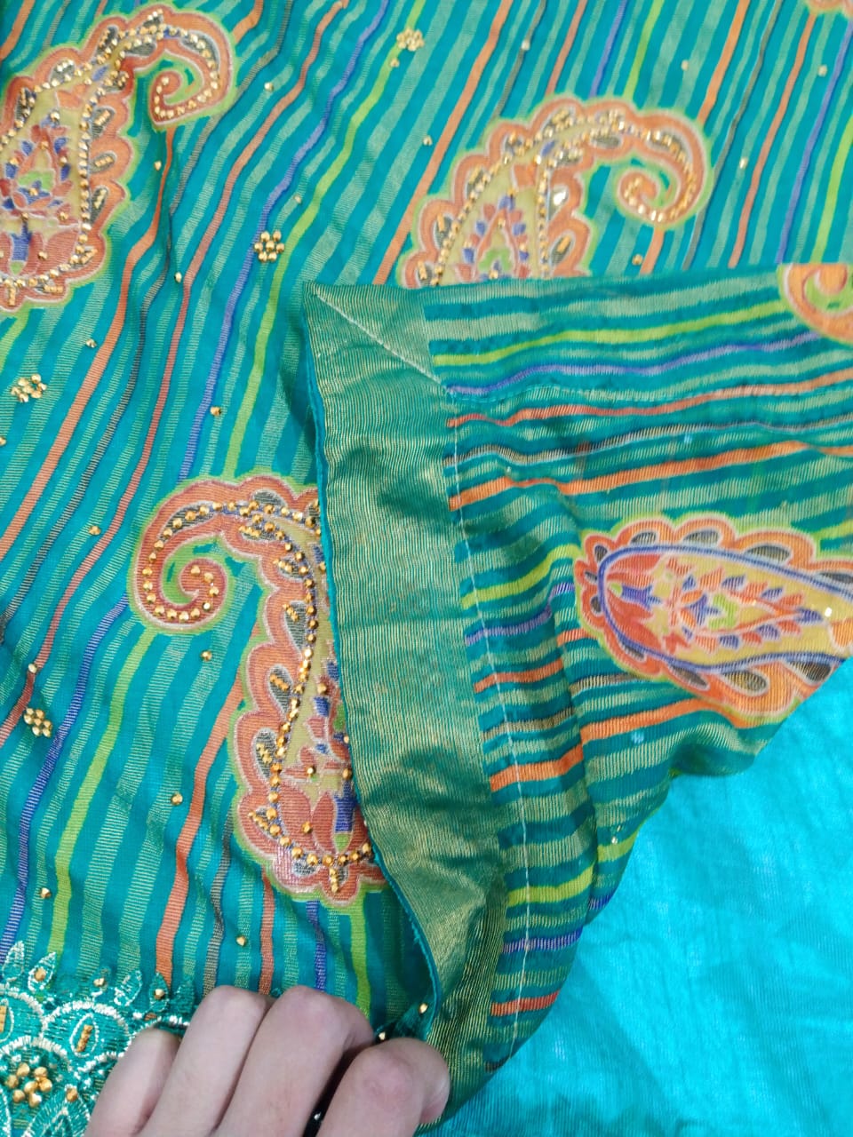 pure Gorgeet Hand brasso print fancy saree with blouse