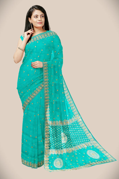 Pure Gorgeet chit pallu fancy broder saree