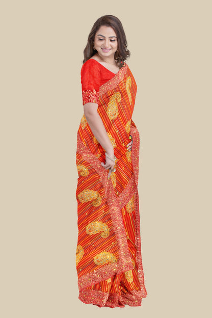 pure Gorgeet Hand brasso print fancy saree with blouse