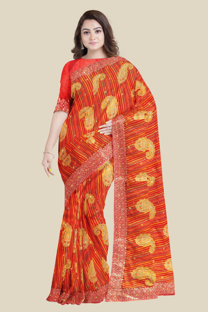 pure Gorgeet Hand brasso print fancy saree with blouse