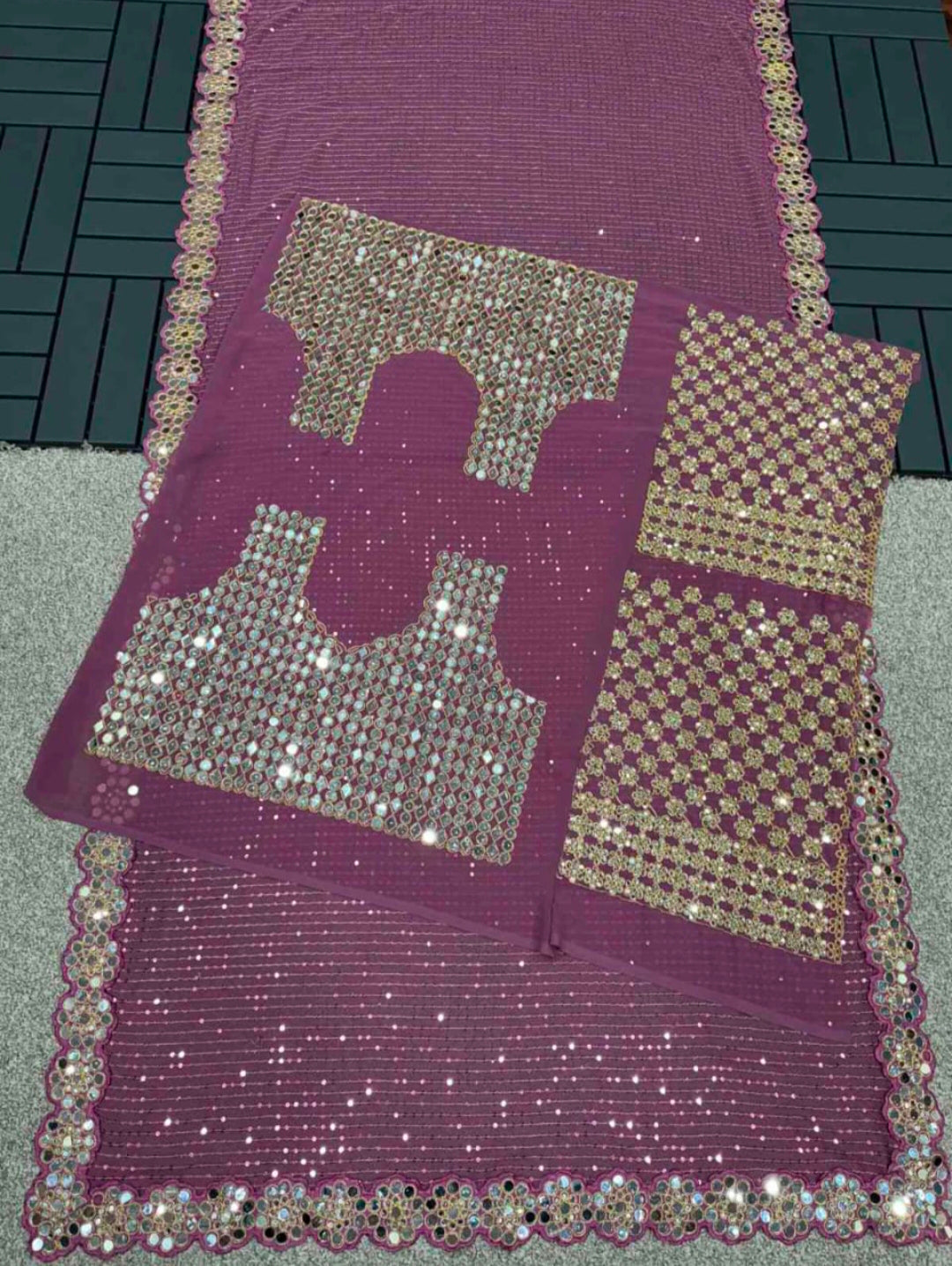 Mirror work saree, Pure Georgette sequence lining fabric original mirror work hand work 10000 mirror attach