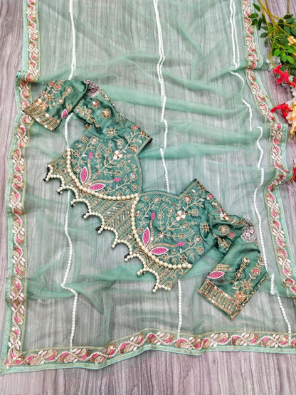 Moti saree  HAND EMBROIDERY WORK WITH PEARL MOTI ON LACE BORDER all over saree