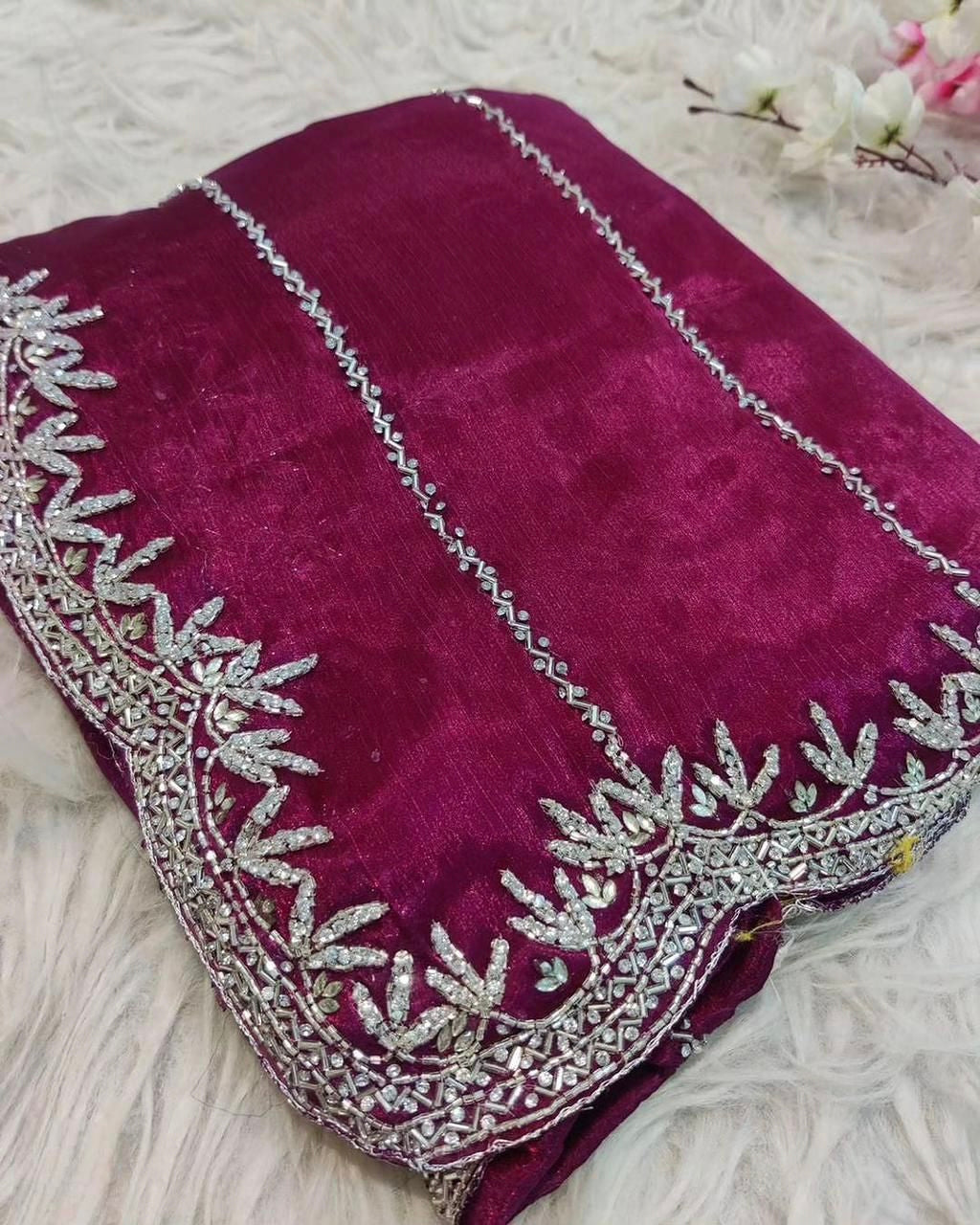 Zimmy Choo Saree With Beautiful Khatli Cut Dana Handwork Along With Hand Diamond Work* 50000+ diamond 💎.