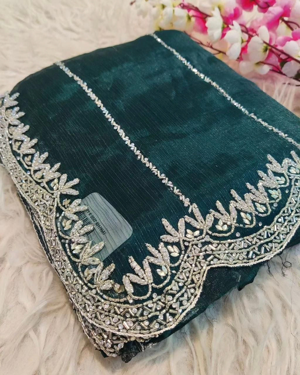 Zimmy Choo Saree With Beautiful Khatli Cut Dana Handwork Along With Hand Diamond Work* 50000+ diamond 💎.