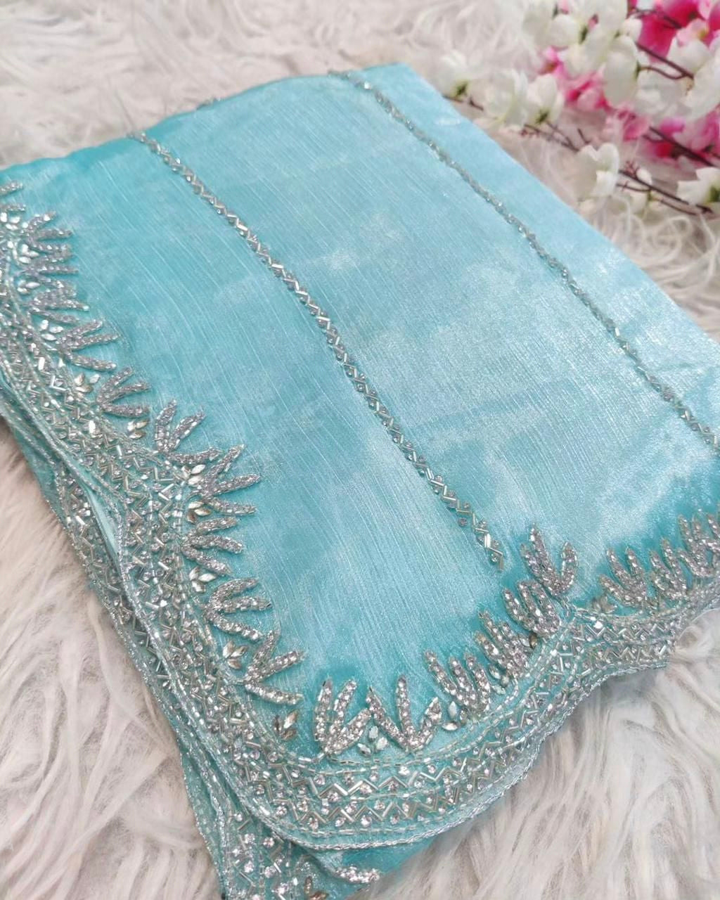 Zimmy Choo Saree With Beautiful Khatli Cut Dana Handwork Along With Hand Diamond Work* 50000+ diamond 💎.