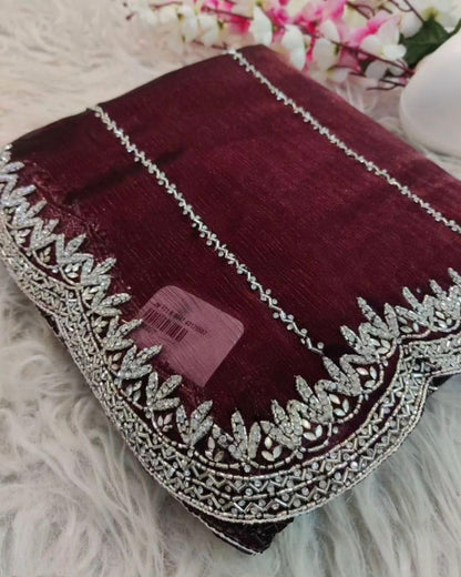 Zimmy Choo Saree With Beautiful Khatli Cut Dana Handwork Along With Hand Diamond Work* 50000+ diamond 💎.