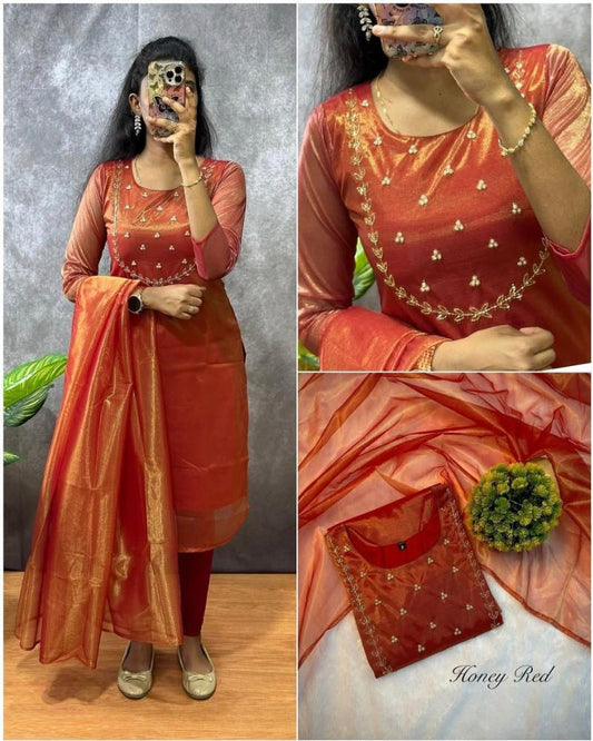 Handwork Twill Net Tissue Kurthi And Duppata