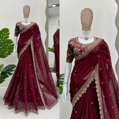 Women Heavy Tebby Silk With Embroidered Work Saree With Unstitched Blouse*