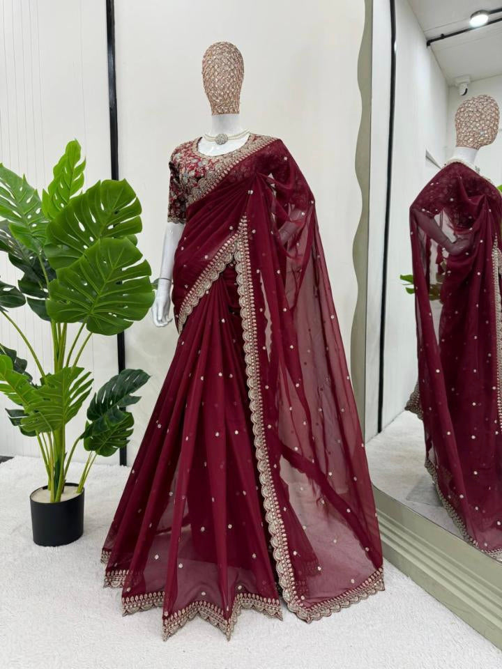 Women Heavy Tebby Silk With Embroidered Work Saree With Unstitched Blouse*