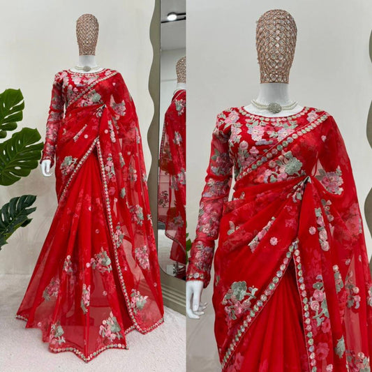 Women Designer Thred & Sequnce Work With Digital Print Saree With Unstitched Blouse*