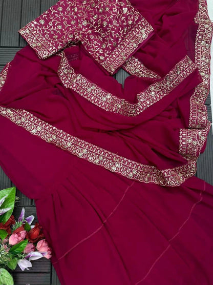 NEW DESIGNER PARTY WEAR LAHENGA SAREE WITH STICH BLOUSE WITH EMBROIDERY WORK*