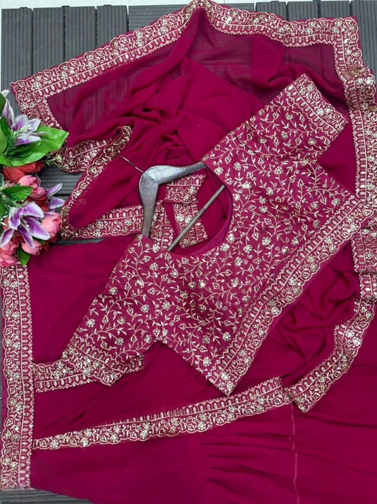 NEW DESIGNER PARTY WEAR LAHENGA SAREE WITH STICH BLOUSE WITH EMBROIDERY WORK*