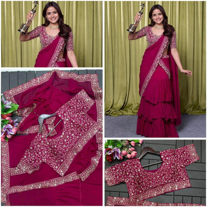 NEW DESIGNER PARTY WEAR LAHENGA SAREE WITH STICH BLOUSE WITH EMBROIDERY WORK*