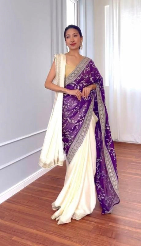 Saree+dupatta+blouse fancy work trending saree