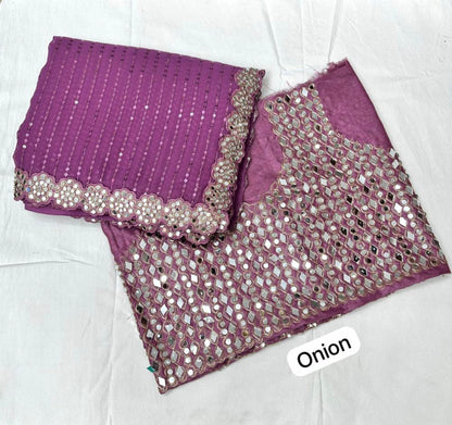 Mirror work saree, Pure Georgette sequence lining fabric original mirror work hand work 10000 mirror attach