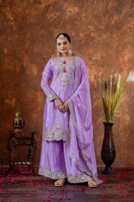 Launching New  Đěsigner Party Wear Look Pur Chinon Silk Top Plazzo & Dupatta Set*