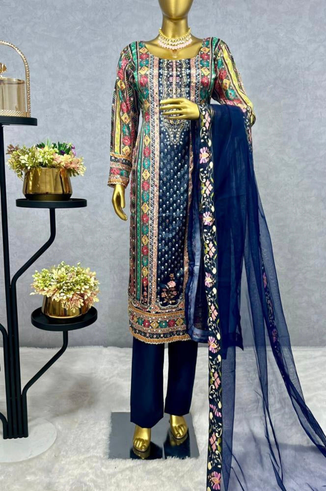 Suit set Pure chinon silk digital print With real mirror hand work