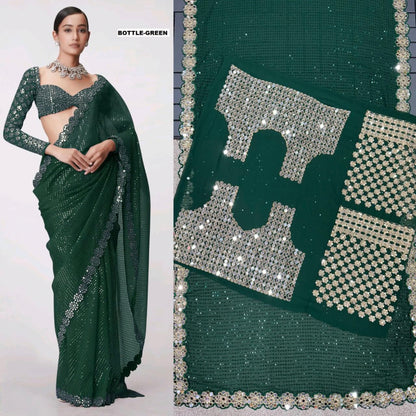 Mirror saree Pure Georgette sequence lining fabric original mirror work hand work 10000 mirror attach