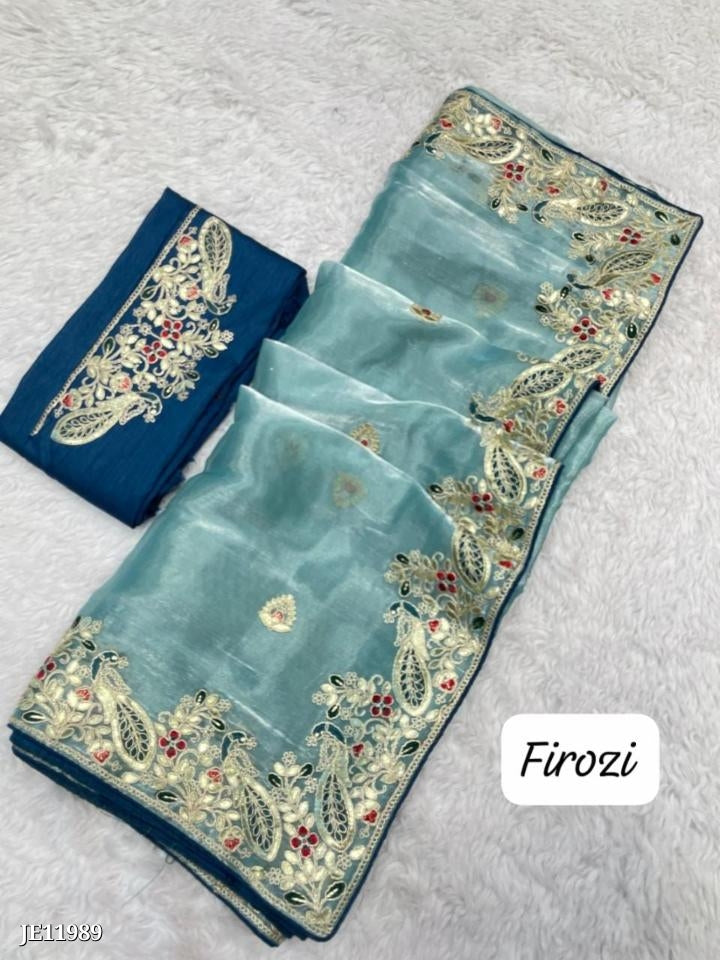 Zimmy Choo Saree With Beautiful Pepar Foil Embroidery C-Pallu Work*