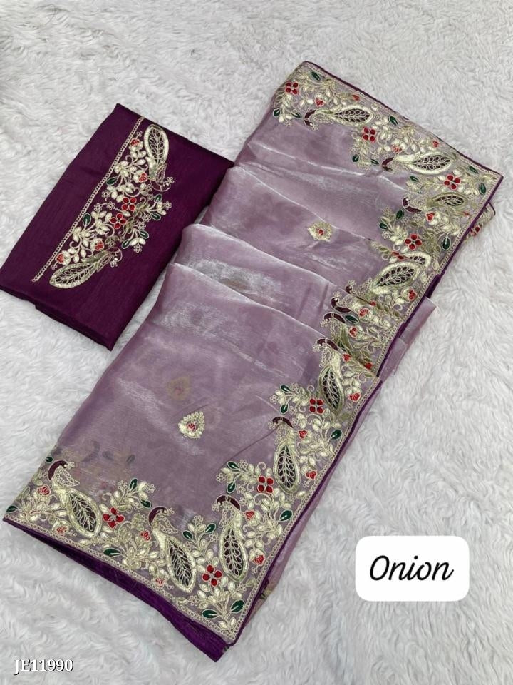 Zimmy Choo Saree With Beautiful Pepar Foil Embroidery C-Pallu Work*