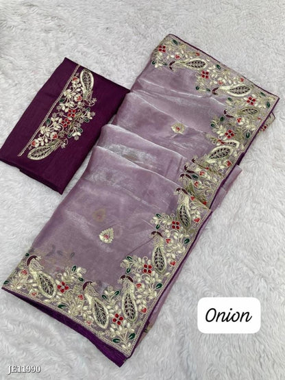 Zimmy Choo Saree With Beautiful Pepar Foil Embroidery C-Pallu Work*