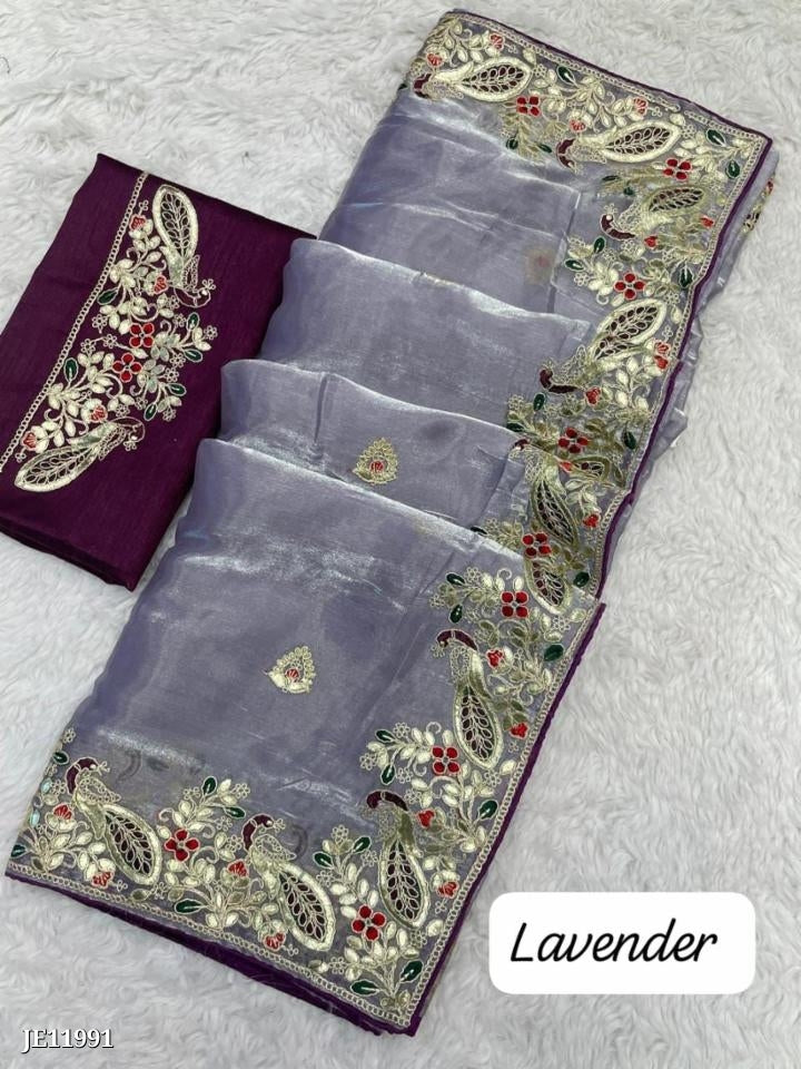 Zimmy Choo Saree With Beautiful Pepar Foil Embroidery C-Pallu Work*