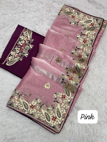 Zimmy Choo Saree With Beautiful Pepar Foil Embroidery C-Pallu Work*