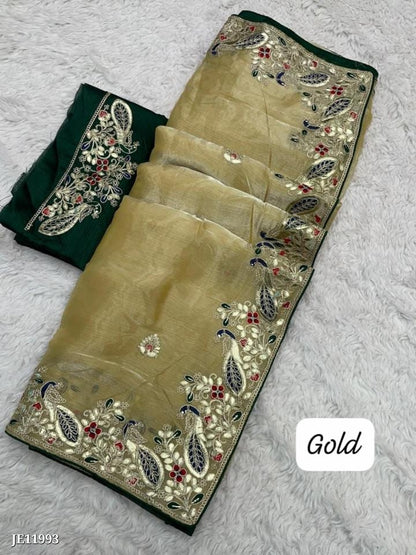 Zimmy Choo Saree With Beautiful Pepar Foil Embroidery C-Pallu Work*