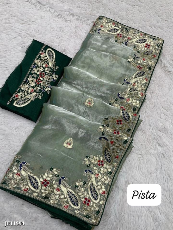 Zimmy Choo Saree With Beautiful Pepar Foil Embroidery C-Pallu Work*