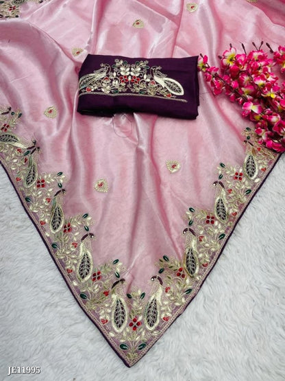 Zimmy Choo Saree With Beautiful Pepar Foil Embroidery C-Pallu Work*