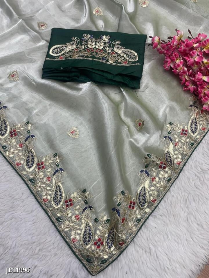 Zimmy Choo Saree With Beautiful Pepar Foil Embroidery C-Pallu Work*