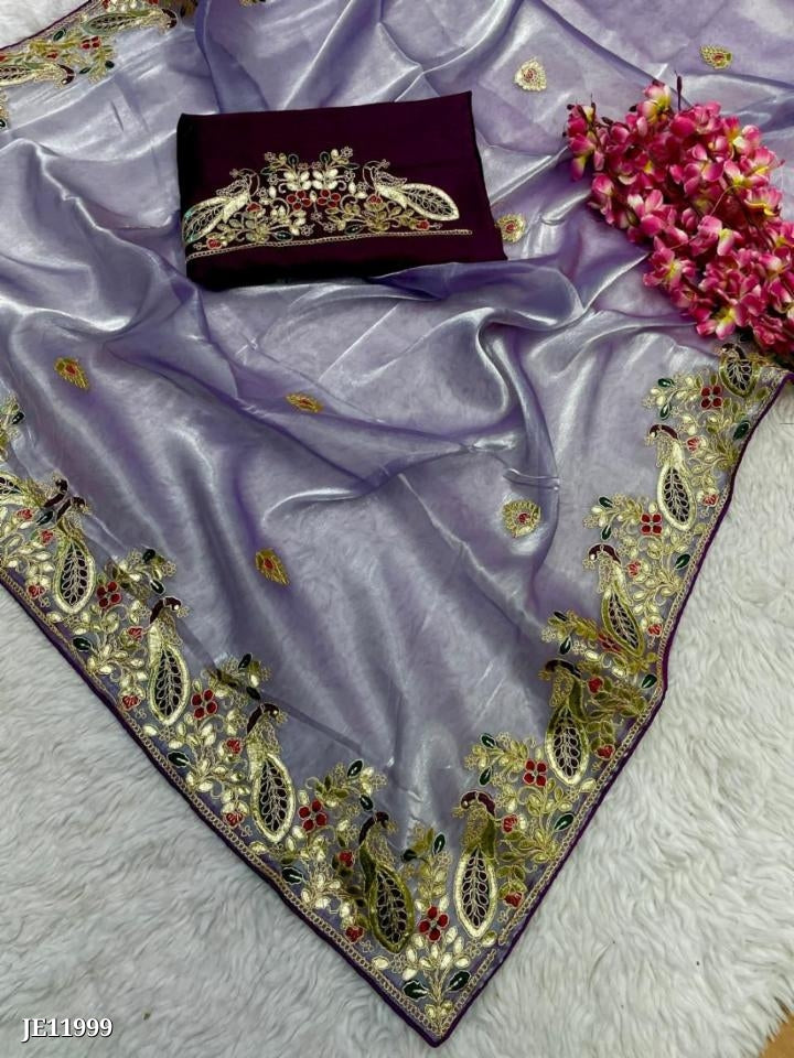 Zimmy Choo Saree With Beautiful Pepar Foil Embroidery C-Pallu Work*