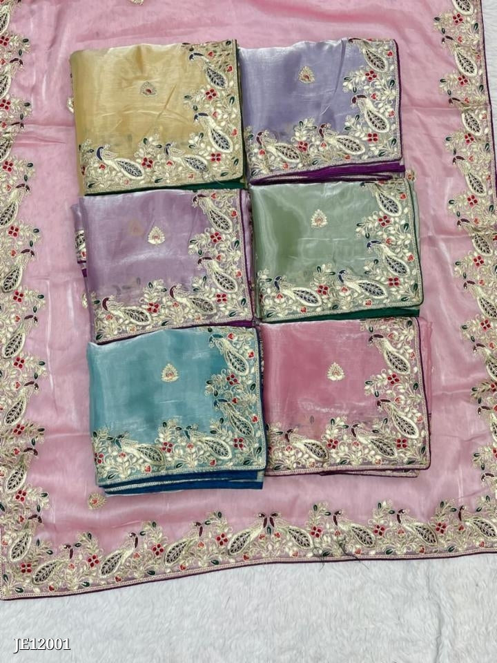 Zimmy Choo Saree With Beautiful Pepar Foil Embroidery C-Pallu Work*