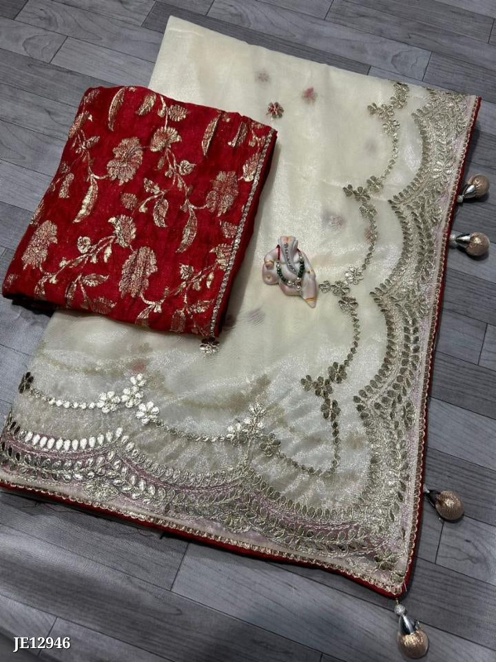 twill fabric with foil gotta banarasi style weaved blouse*