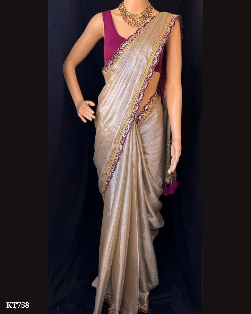 Women Soft Tissue Fabric With Pethar Embroidered Lace Work Saree With Unstitched Blouse