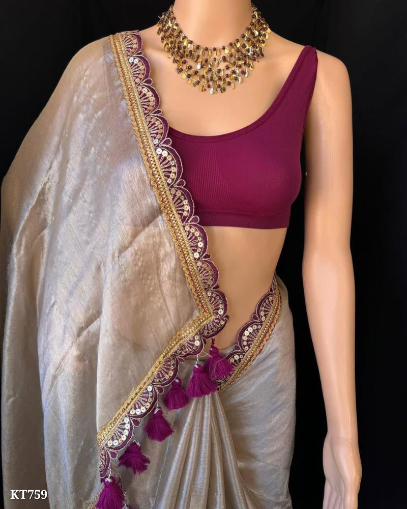 Women Soft Tissue Fabric With Pethar Embroidered Lace Work Saree With Unstitched Blouse