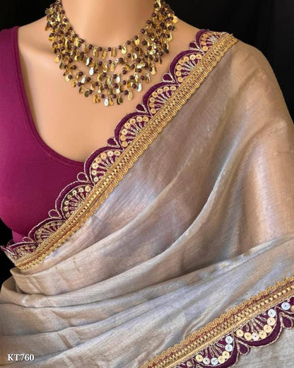 Women Soft Tissue Fabric With Pethar Embroidered Lace Work Saree With Unstitched Blouse