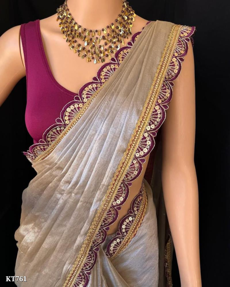 Women Soft Tissue Fabric With Pethar Embroidered Lace Work Saree With Unstitched Blouse