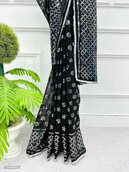 Pure GEORGETTE Work 9mm SEQUINS EMBROIDERY WITH COTTON THREAD ALL OVER WORK