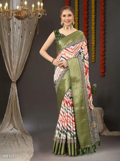 Zigzag Digital Print All Over Saree And Zari Weawing Contrast Border With Printed Pallu