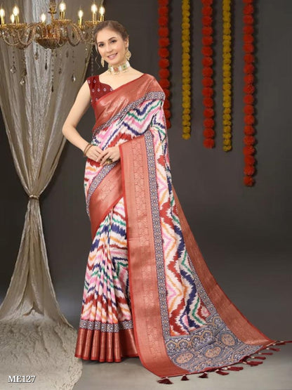 Zigzag Digital Print All Over Saree And Zari Weawing Contrast Border With Printed Pallu